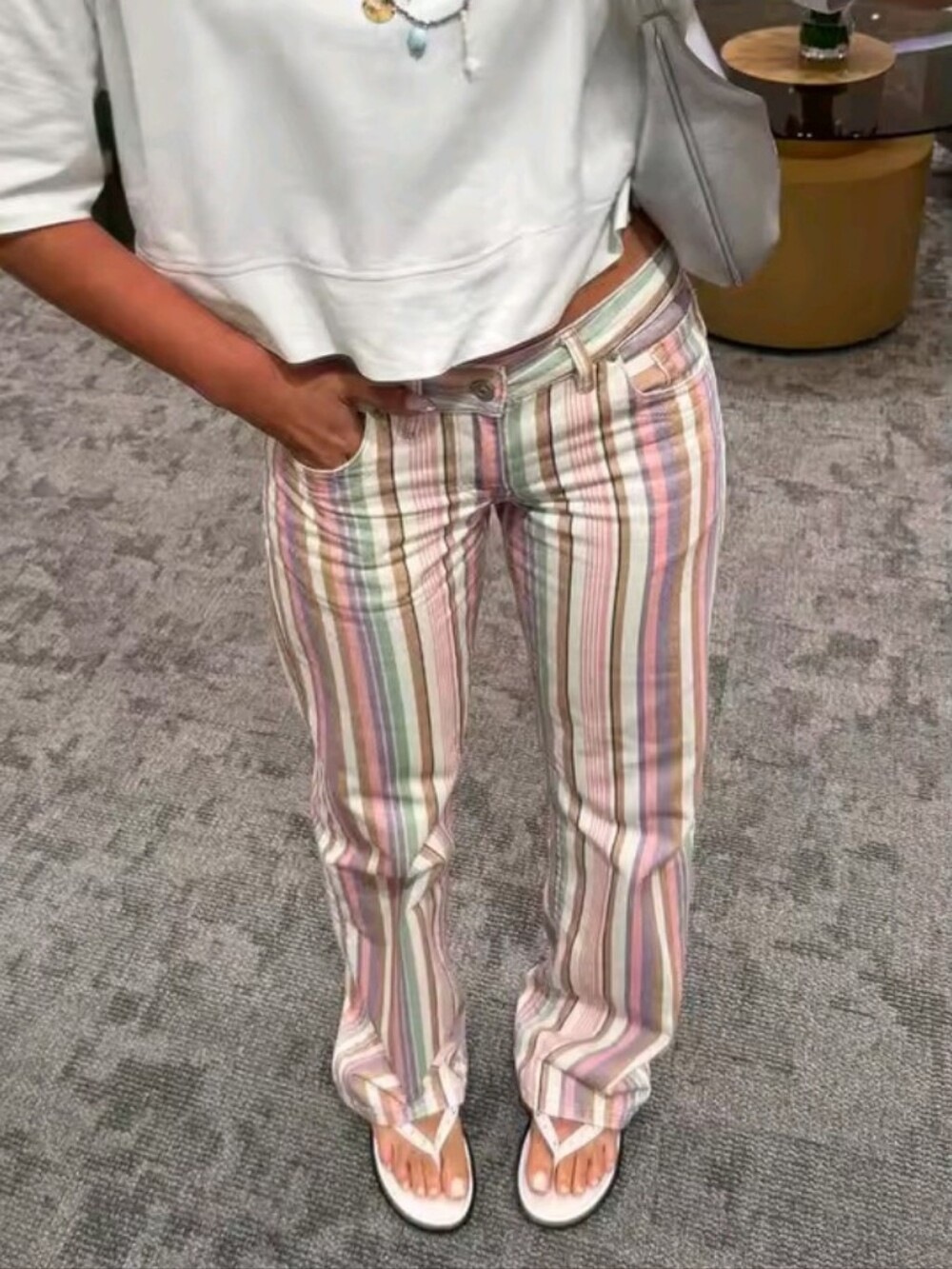 Multicolor Striped Jeans Women High Waist Straight Button Fly Pockets Denim Pant